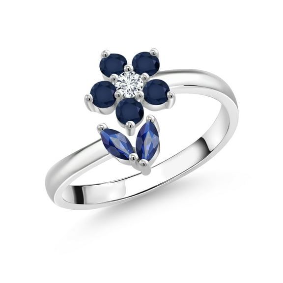 Gem Stone King 925 Sterling Silver Blue Sapphire and White Lab Grown Diamond Flower Open Ring for Women (0.56 Cttw, Gemstone September Birthstone, Size 8)