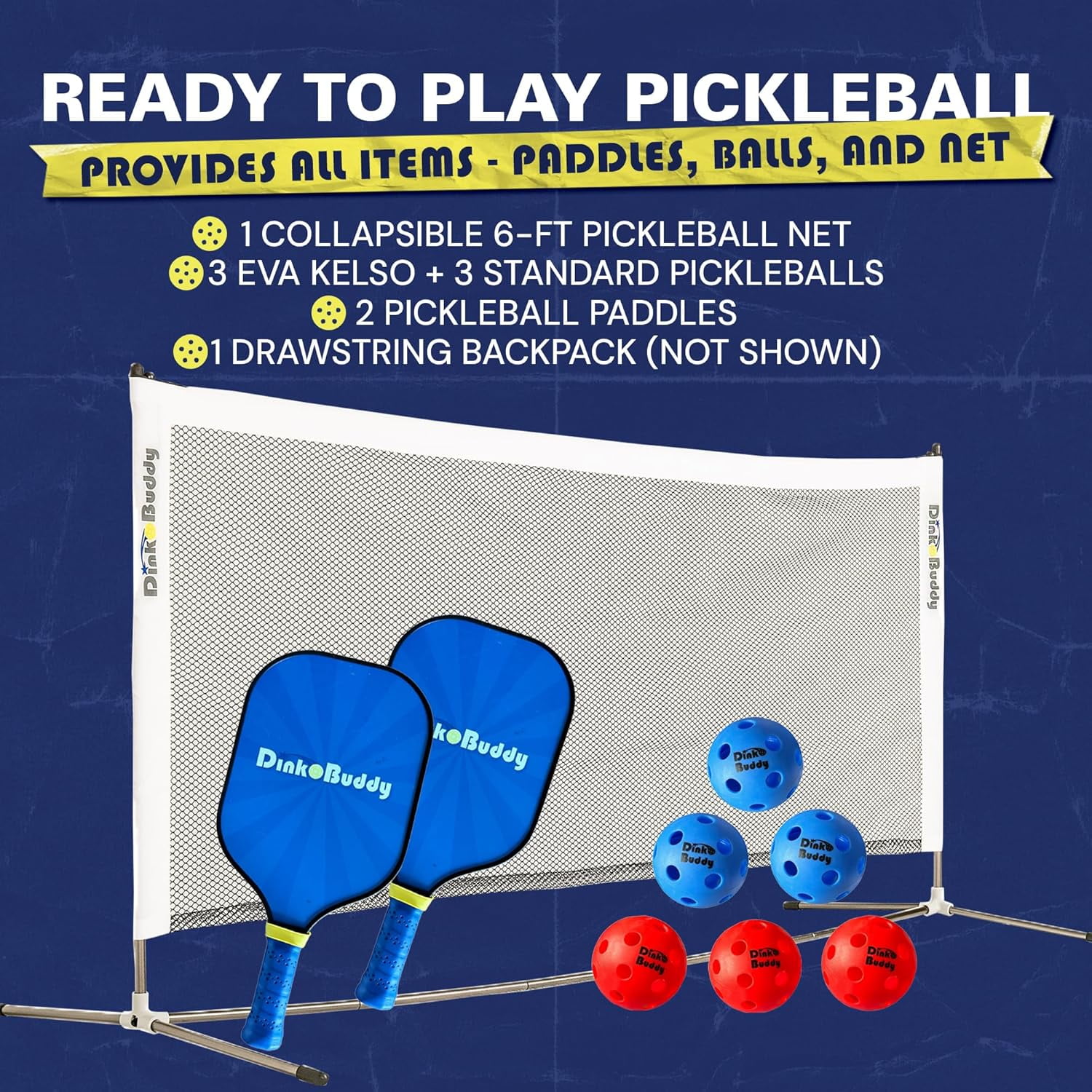 Dink Buddy - 3-in-1 Play Everywhere Pickleball Practice Set, Complete Bundle with 1 Collapsible 6-ft Pickleball Net, 3 Kelso + 3 Standard Balls, 2 Paddles, & 1 Drawstring Backpack