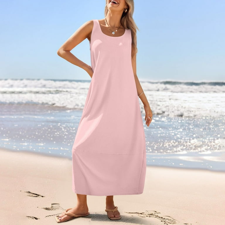 Women's Long Boho Sundress Round Neck Sleeveless Floral Print Maxi Dress  Loose Fit Beach Cover-Up with Side Pockets for Resort Vacations,Light pink  XL