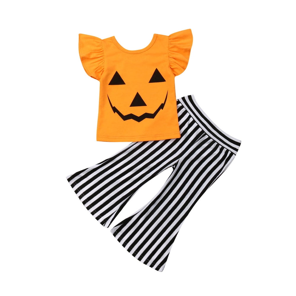Toddler Girl Flutter Sleeve Pumpkin Shirt+Striped Bell Bottom Pants Clothes Set