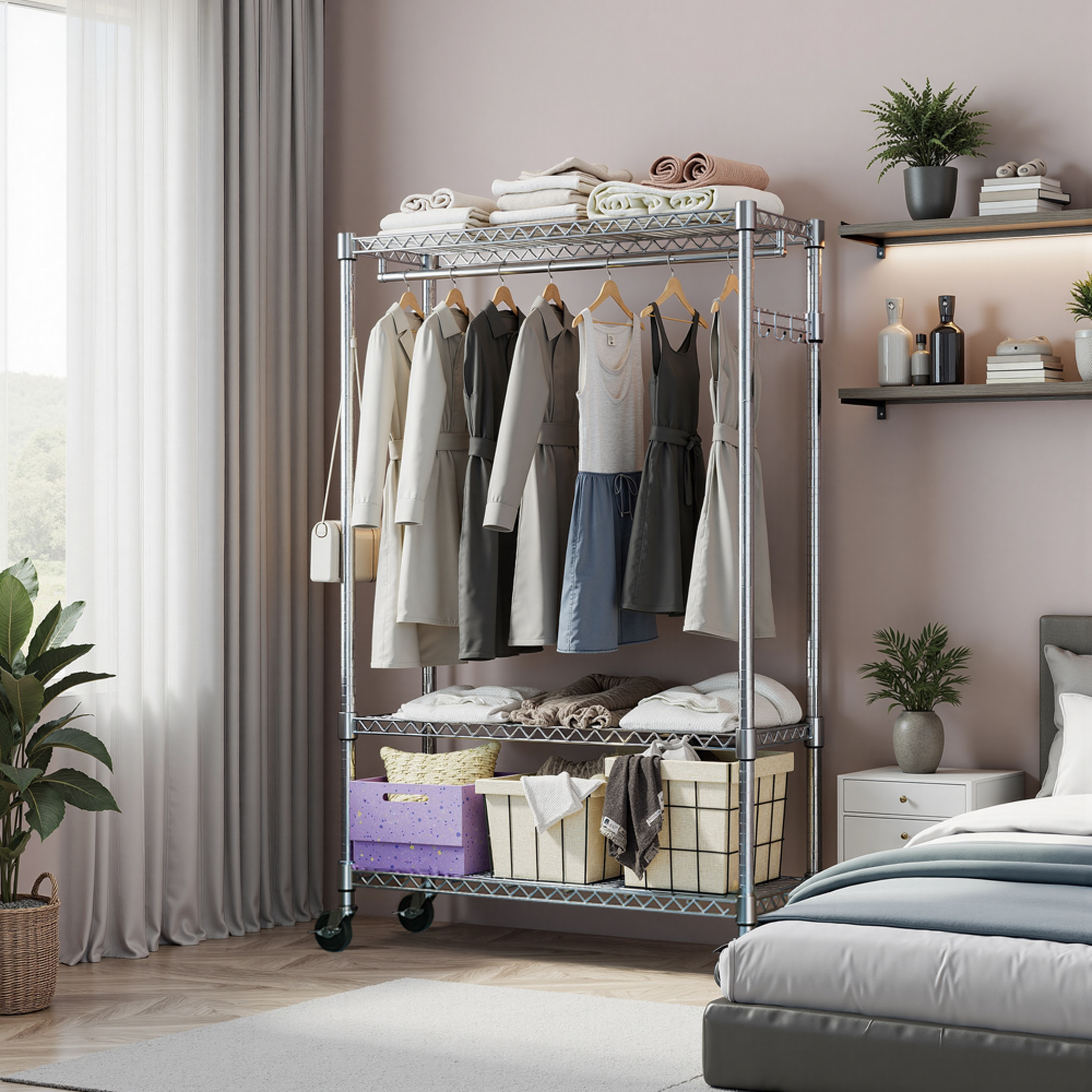 Leumius Heavy Duty Garment Rack with Wheels, Rolling Freestanding Closet Organizer and Clothes Rack with 1 Hang Rod, Adjustable Metal Wardrobe for Laundry Room Bedroom Cloakroom Chrome