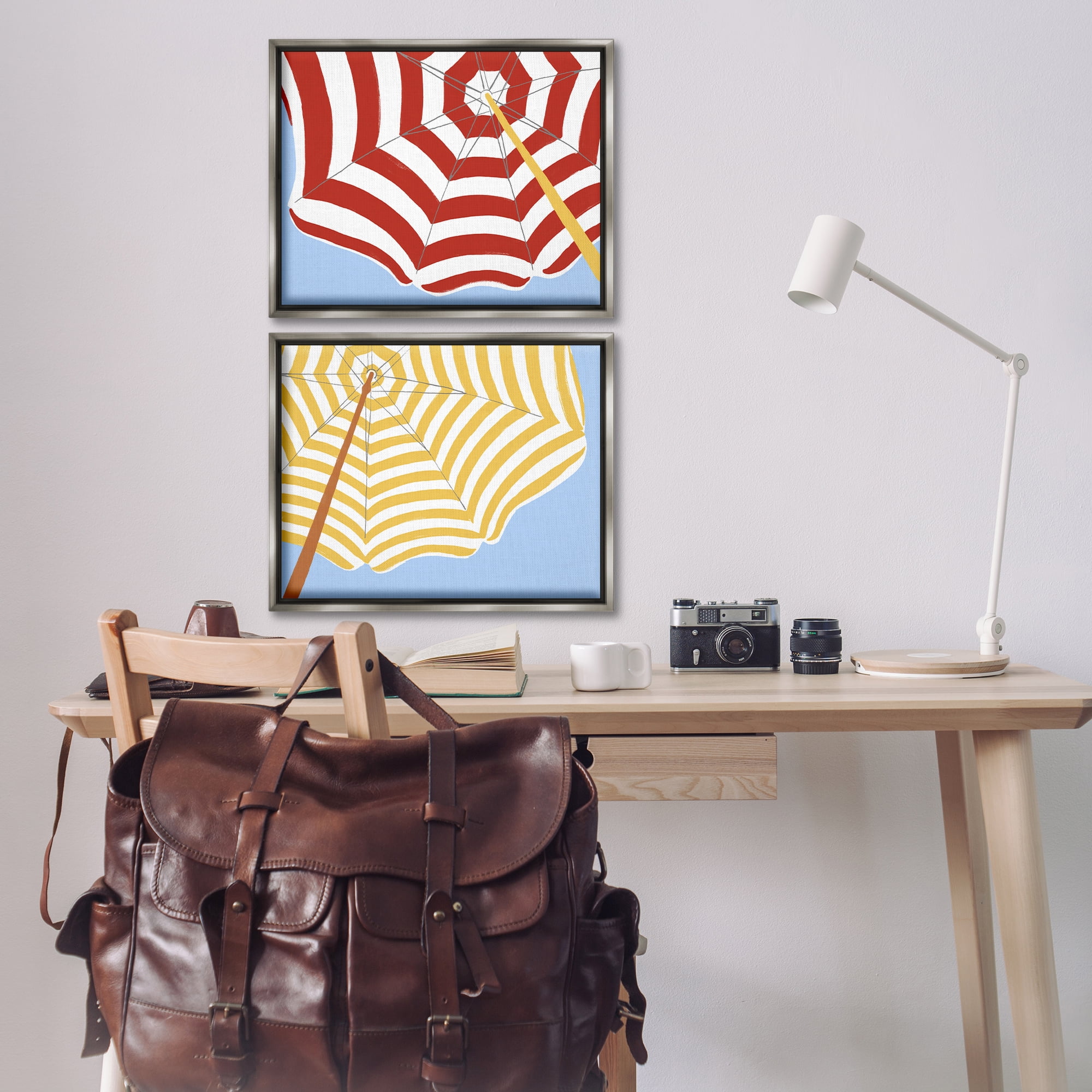 Stupell Industries Striped Beach Umbrella Nautical & Beach Painting Gray Floater Framed Canvas Art Print Wall Art, 21 x 17, Set of 2