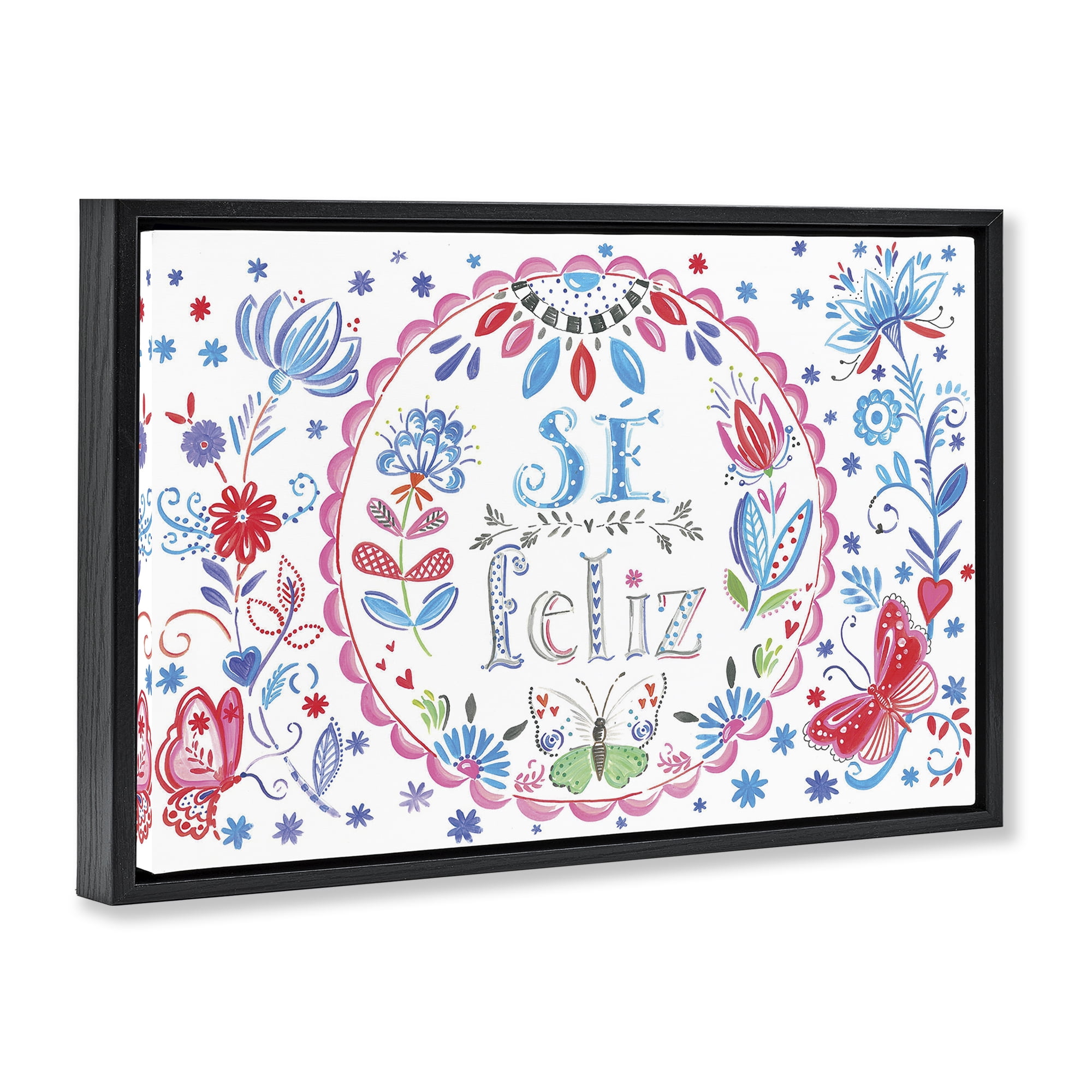 Stupell Industries Se Felices Mariposas Florales Inspirational Quotes & Sayings Drawing Black Floater Framed Art Print Wall Art, 25 x 17