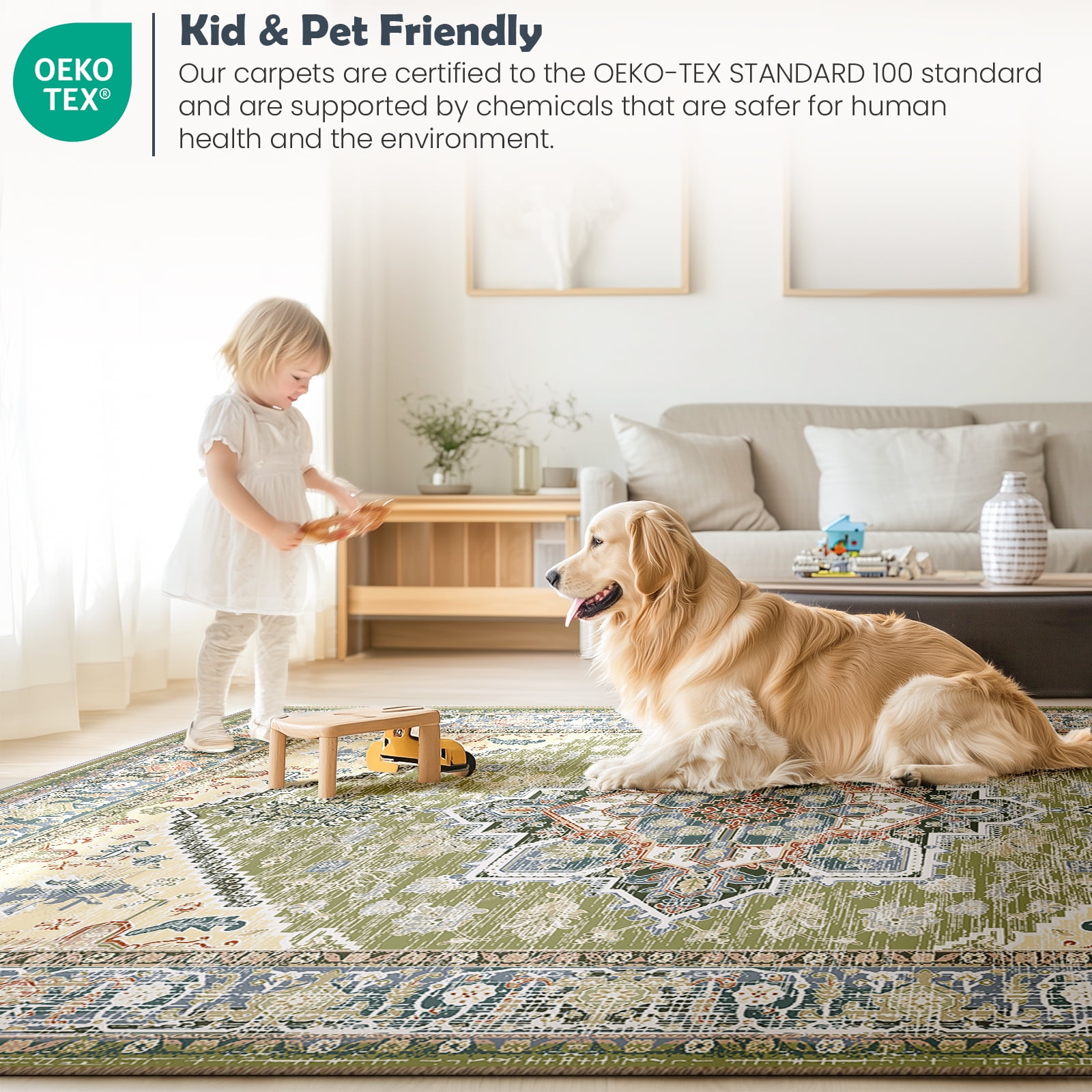 3'x5' Area Rugs, Machine Washable Non Slip Area Rug for Kitchen, Soft Low Pile Vintage Print Pattern Indoor Bathroom Thin Carpet, Green