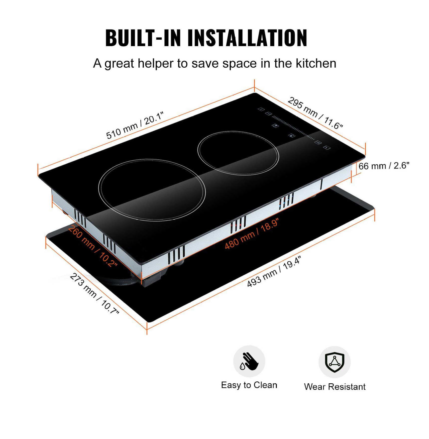 Electric Stove Top 2 Burner, 20x11.6 inch 110V Built-in Radiant Cooktop, Sensor Touch Control, Timer, Child Lock, 9 Power Levels for Boiling, Simmering, Frying