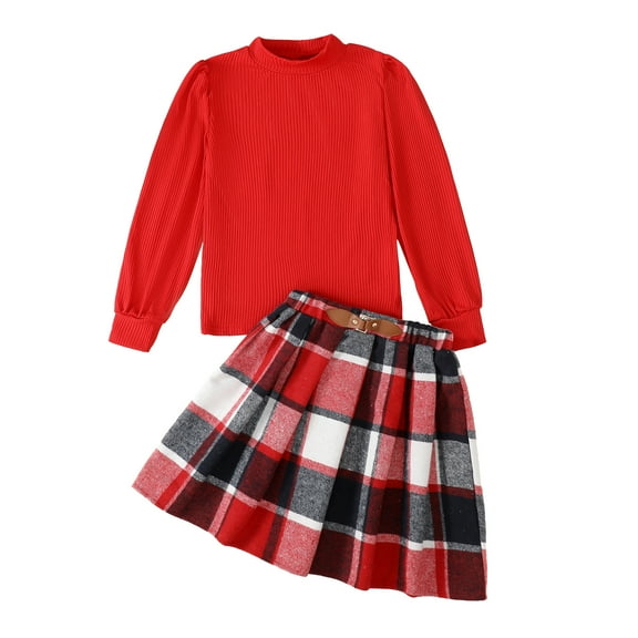 Kucnuzki 13T Big Girl Fall Winter Outfits Skirts Sets 14T Long Sleeve Stand Collar Plain Stylish Pull-Over Top Elastic Lattice Pleated Skirts 2PCS Set Red