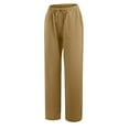 thumbnail image 3 of SUOKOM Womens Slacks Women's Relaxed Fit Straight Leg Pants Solid Cotton Linen Drawstring Elastic Waist Long Wide Leg Pants Work Cargo Casual Pants Wide Leg Pants Relaxed Fit Trousers, 3 of 5