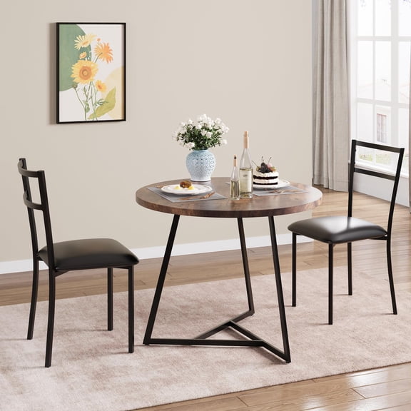 EastVita Dining Table Set for 2,Modern Round Kitchen Table and Chairs,3 Piece Dining Room Set for Small Spaces,Brown
