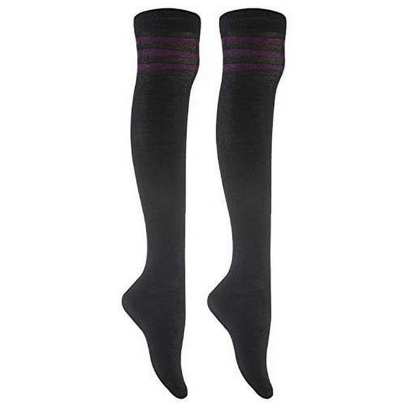 Lian LifeStyle Women's 2 Pairs Adorable, Fashionable and Ultra-Soft Thigh High Cotton Socks for everyday relaxed feet RX Size 6-9 Purple Strip