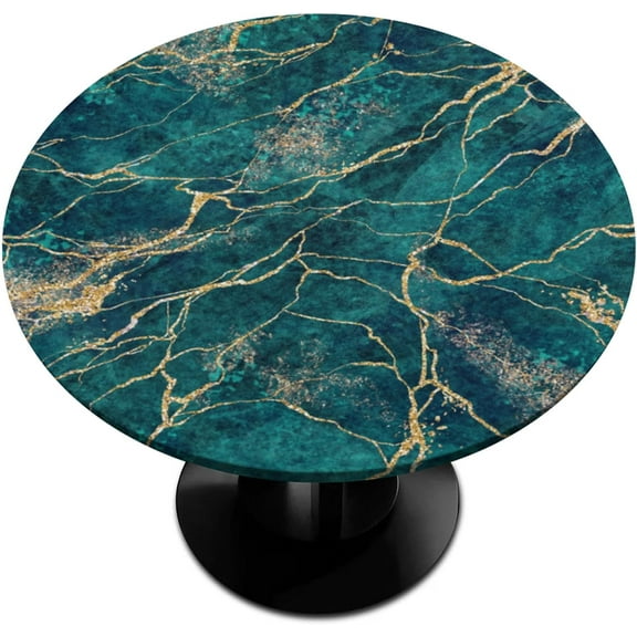 Marble Texture Peacock Green Round Tablecloths with Elastic Edge Fitted Round Table Cloth Small Wipeable Washable Circle Table Covers for Dinner Patio Party Indoor Outdoor Kitchen Decor (Fit 36-44 In)