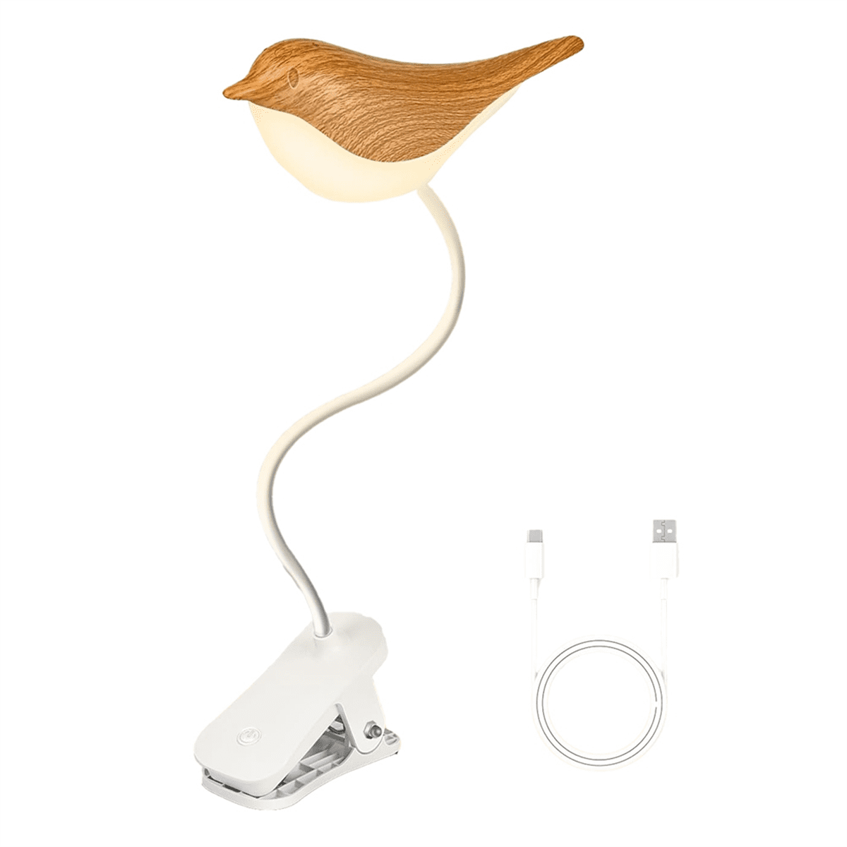 Small Bird Lamp,Dimmable and Cordless Bird Night Light, USB Rechargeable Touch Sensor Control Table and Desk Lamp,1 * night light 1 * USB cable,White & Wood Grain