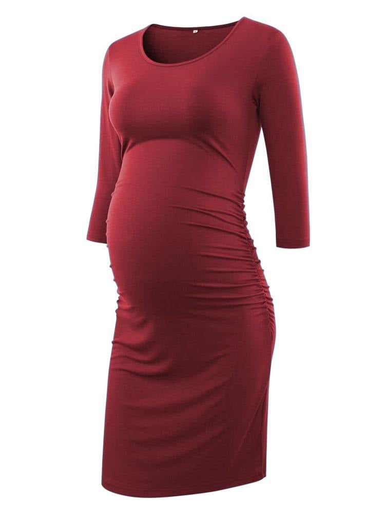 Maternity Bodycon Dress Ruched Side Short and 3/4 Sleeve Dress Peauty Daily Wear & Baby Shower 