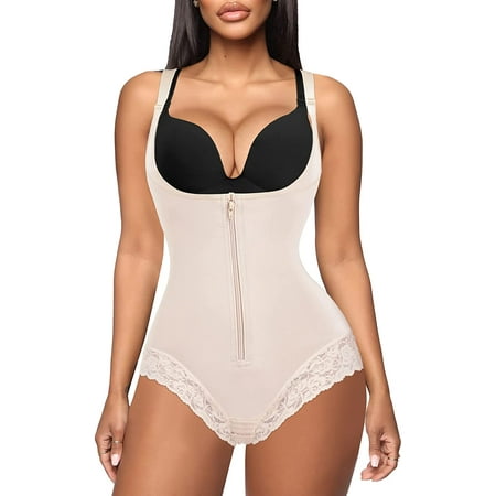

Junlan Women Waist Trainer Bodysuit Tummy Control Shapewear Slim Full Body Shaper Open Bust Corset Cincher(Beige L)