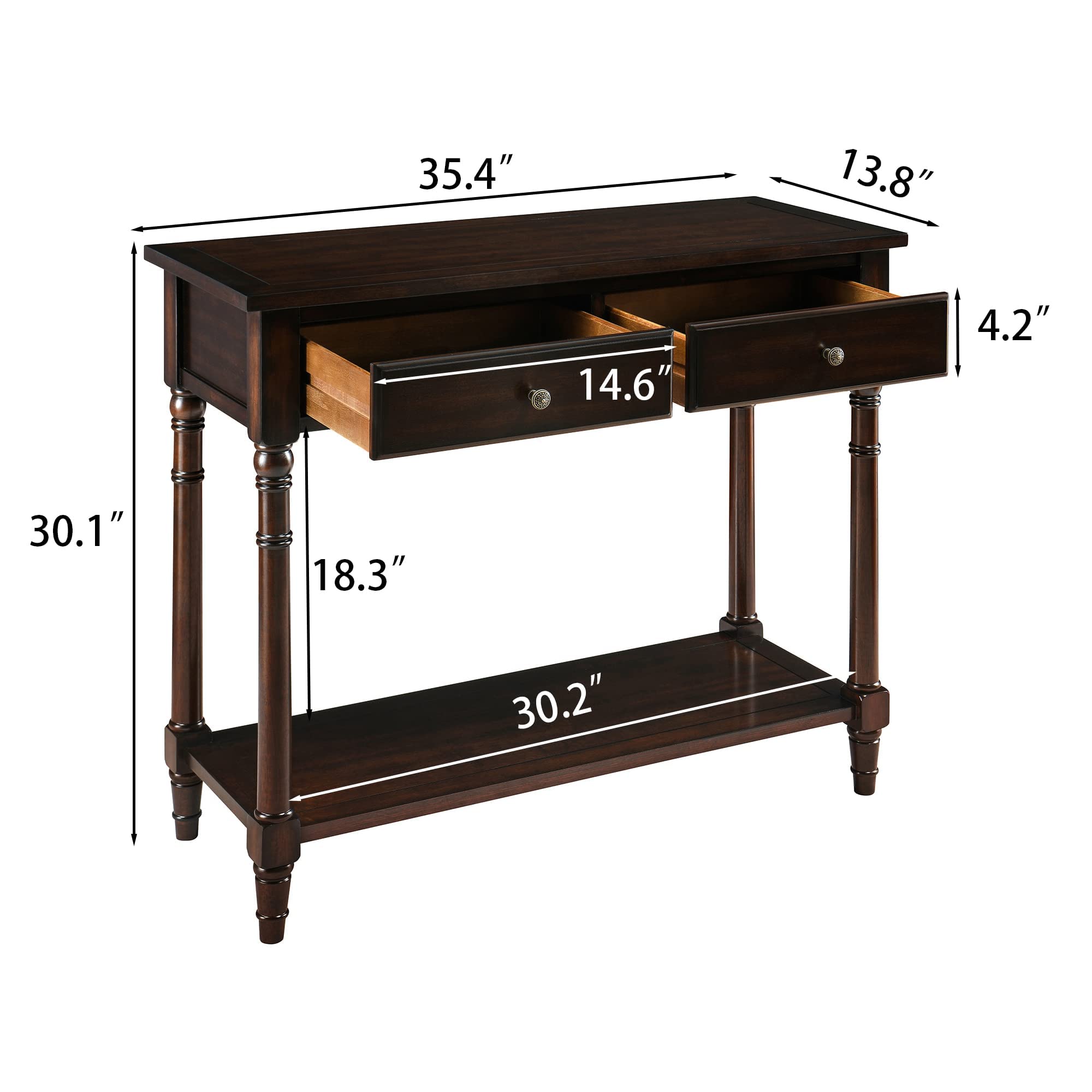 JESONVID Solid Wood Console Table with 2 Drawers, 2-Tier 35.4" X 30" Accent Sofa Table with Multilayer Storage Shelf Rustic Hall Entryway Tables for Living Room Home Office-Walnut