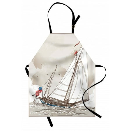 

Vintage Apron Illustration of a Retro View of Antique American Yacht with Flags Ocean Unisex Kitchen Bib Apron with Adjustable Neck for Cooking Baking Gardening Pale Grey Tan White by Ambesonne