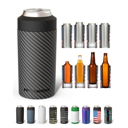 Frost Buddy Universal Can Cooler - Fits all - Stainless Steel Can Cooler for 12 oz & 16 oz Regular or Slim Cans & Bottles - Stainless Steel (Carbon Fiber)