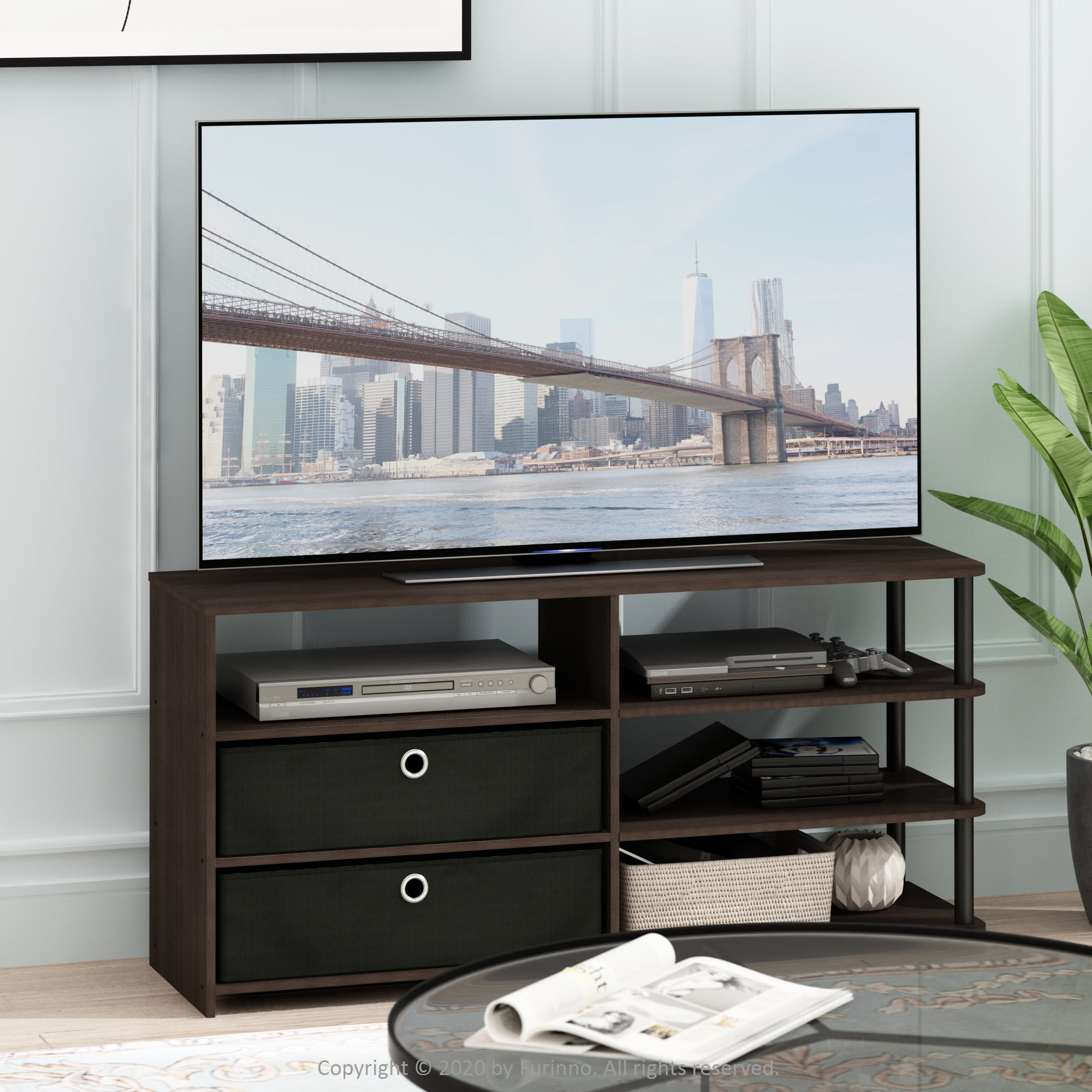 Furinno JAYA Simple Design TV Stand with Bins, Walnut - Walmart.com ...