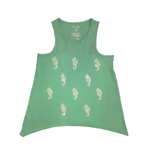 Girls Mint Green Blue Sequin SeahorseTank Top Fish Themed Shirt L