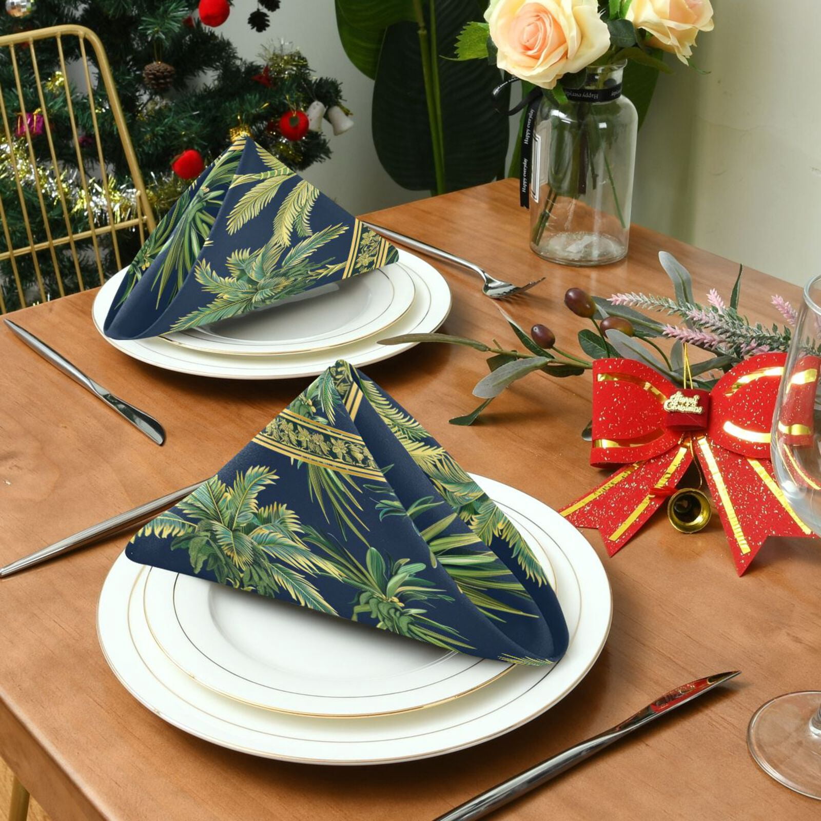JSTEL Bohemian Palm Trees Leaves Cloth Napkins Set of 6, 20x20 Inch Washable and Reusable Napkin for Decoupage Dinner Party Everyday Use