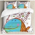 thumbnail image 3 of Fishing Twin Size Duvet Cover Set, Kids Cute Large Fat Fish Holding a Flag with Love Quote Humor Fun Nursery Theme, Decorative 2 Piece Bedding Set with 1 Pillow Sham, Multicolor, by Ambesonne, 3 of 3