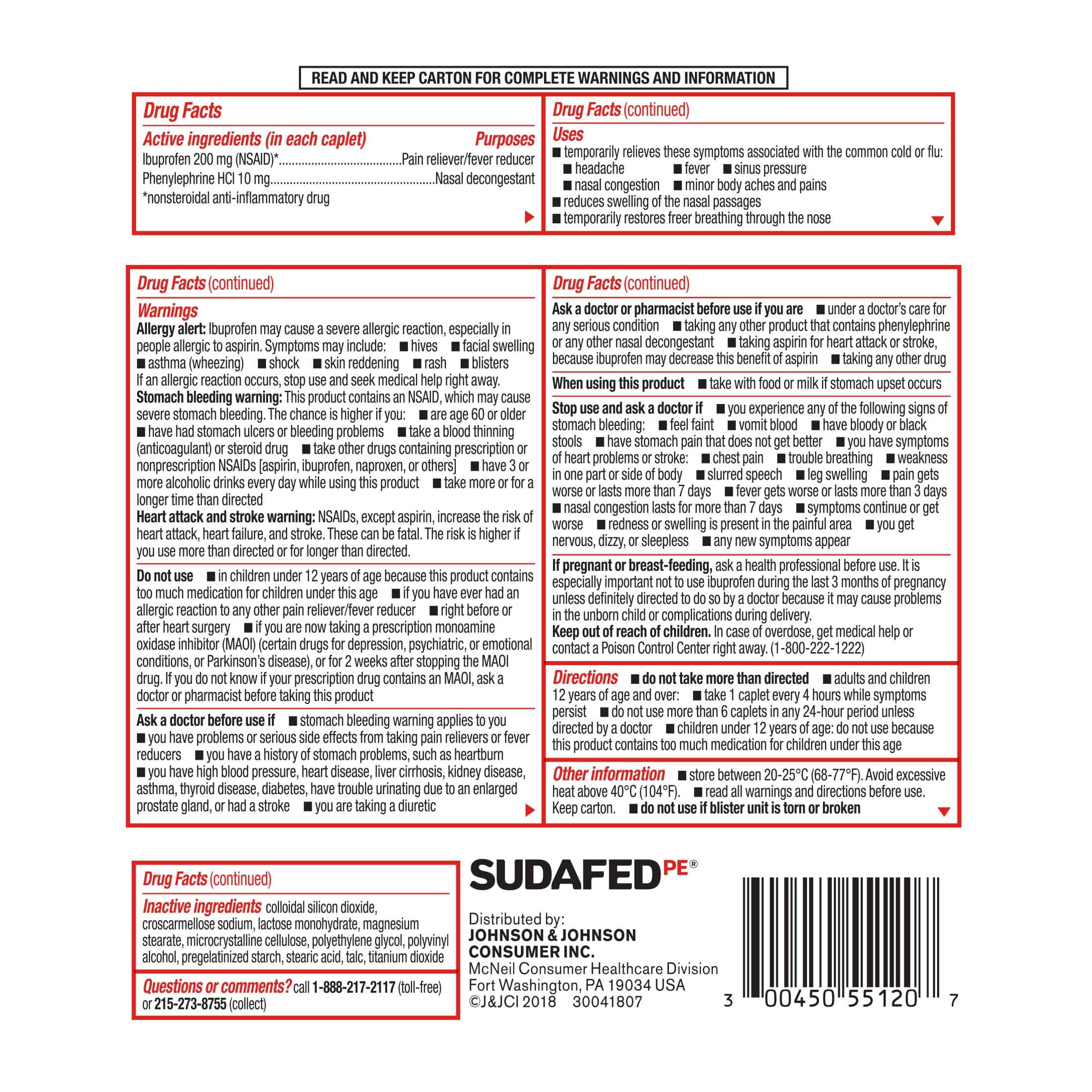 (3 pack) Sudafed PE Non-Drowsy Head Congestion + Pain Relief Caplets, 20 Count