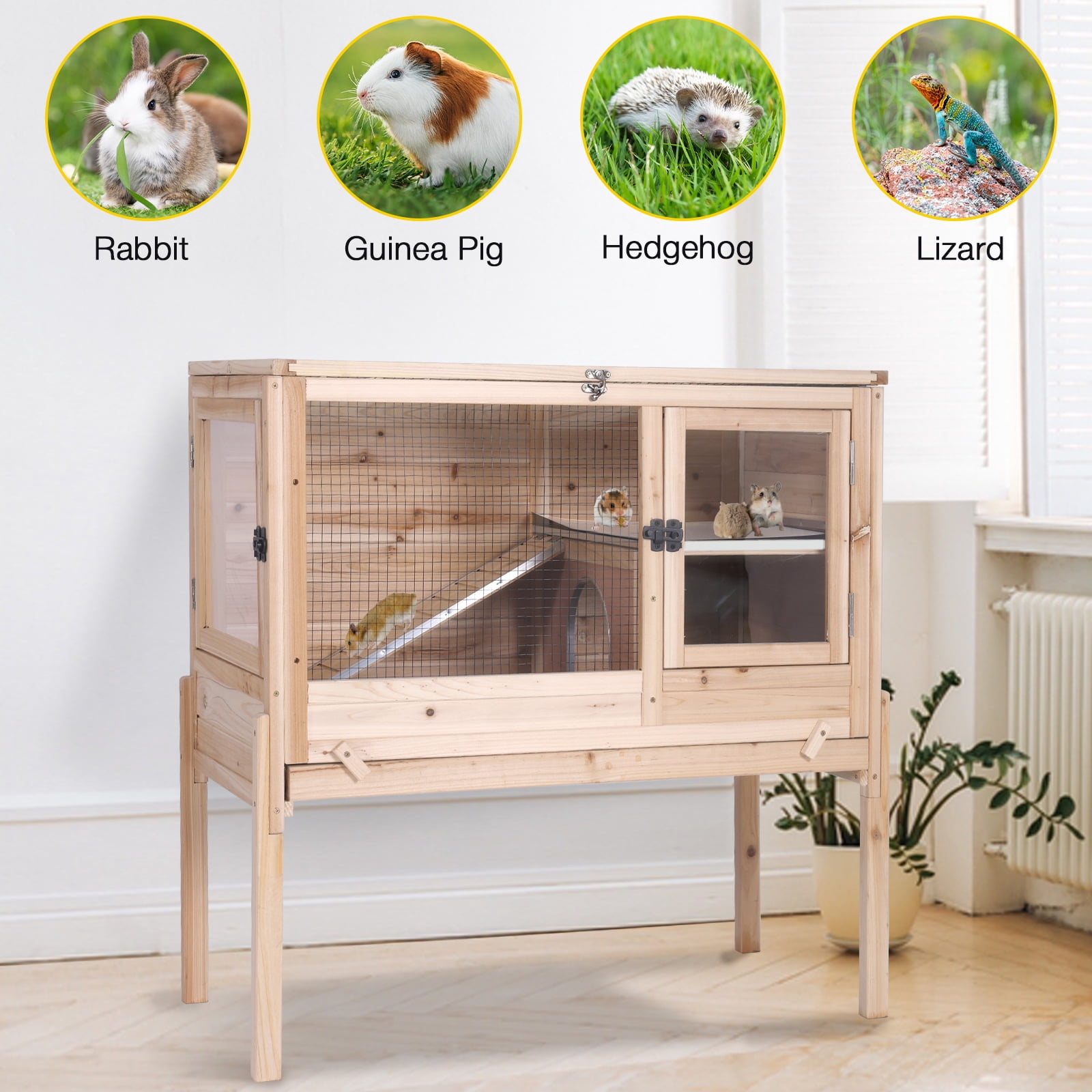 Aivituvin Wooden Guinea Pig Cages Indoor with Removable Stand, Anti Chewing Rabbit Hutch with Ramp and Wire Mesh, 2 Story Small Animals House Habitat with Pull Out Tray, Natural