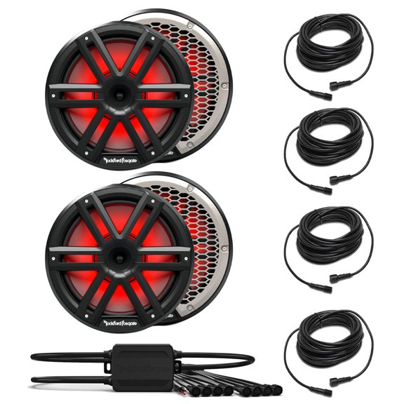 Rockford Fosgate 2 Pair M2-10HB M2 Series 10" Horn Marine Black & Stainless Grilles Included   (1) PMX-RGB Optix LIght Controller   (4) RGB-25 25' Extension Cable