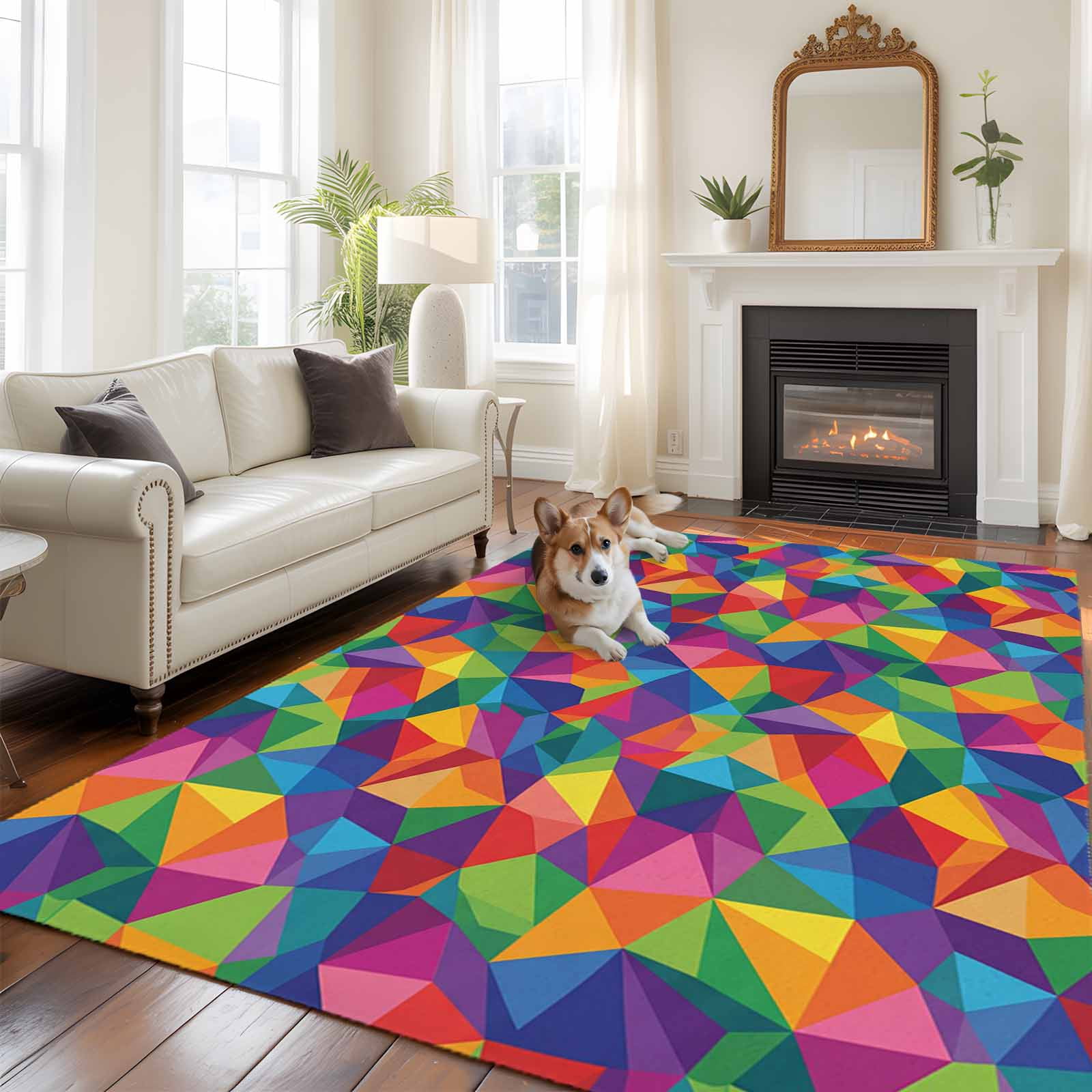 Large Area Rugs for Living Room Bedroom, Colorful Geometric 6'x9' Rug Washable Carpet Runner Indoor Outdoor, Modern Multicolor Abstract Motifs Non Slip Floor Mats Rug for Kitchen, Playroom