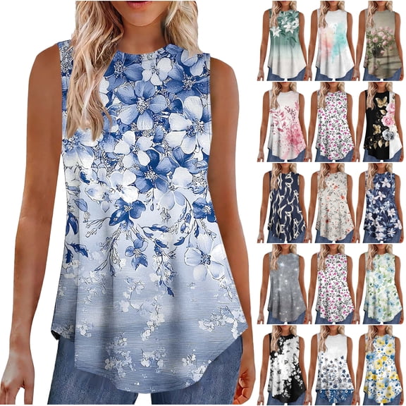 Jinhomg Women's Summer Tank Tops Floral Print Sleeveless Curved Hem Blouse Loose Fit Casual Boho Tunic Shirts Light Blue L