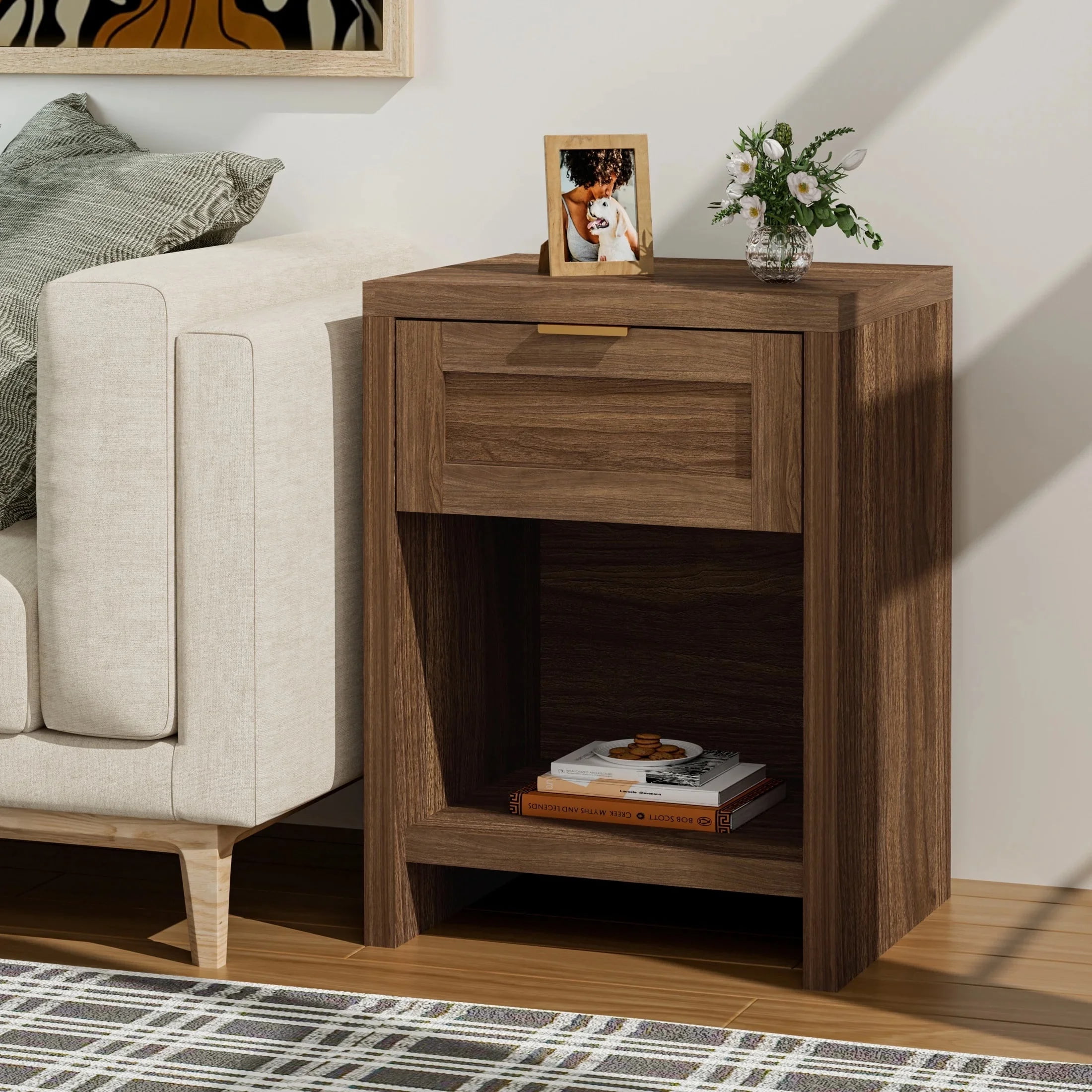 ARKANTOS Nightstand with Drawers Farmhouse Nightstand Set of 2 Classic Walnut
