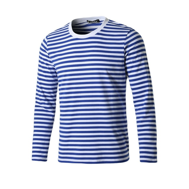 INSPIRE CHIC T-shirt à Manches Longues à Col Rond Rayé pour Homme en Coton, Haut à Enfiler Bleu et Blanc 50