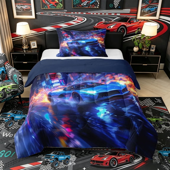 Castle Fairy Cyberpunk Blue Car Twin Comforter Sets 3-Piece for Men, Neon City Bedding Set for Bedroom, Blue and Orange,Navy Blue Reversible