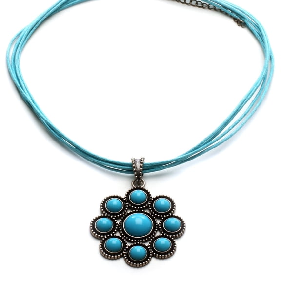 Versatile Turquoise Flower Pendant Cord Necklace with Removable Beaded Charm Jewelry Necklace Silver