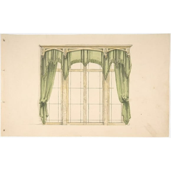 Design for Green Curtains with Green Fringes and a Gold Pediment Poster Print by Anonymous, British, 19th century (18 x 24)
