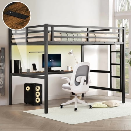 Miniyam Full Size Loft Bed with Desk and LED Light, Metal Loft Bed Frame with Reversible Stairs, Black