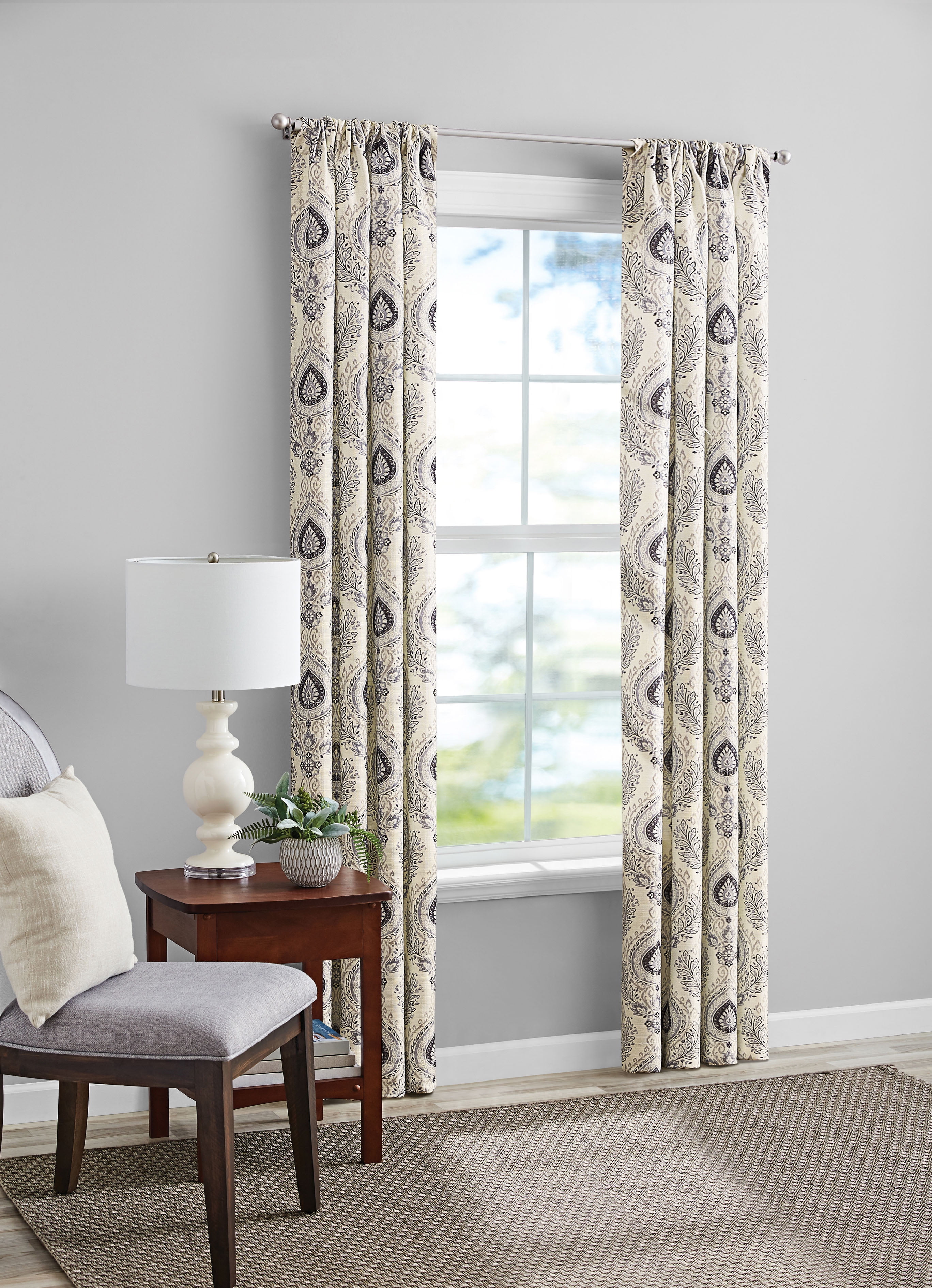 Mainstays Southport Light Filtering Rod Pocket Textured Curtain Panel, Set of 2, Charcoal Arabesque, 40” W x 84” L