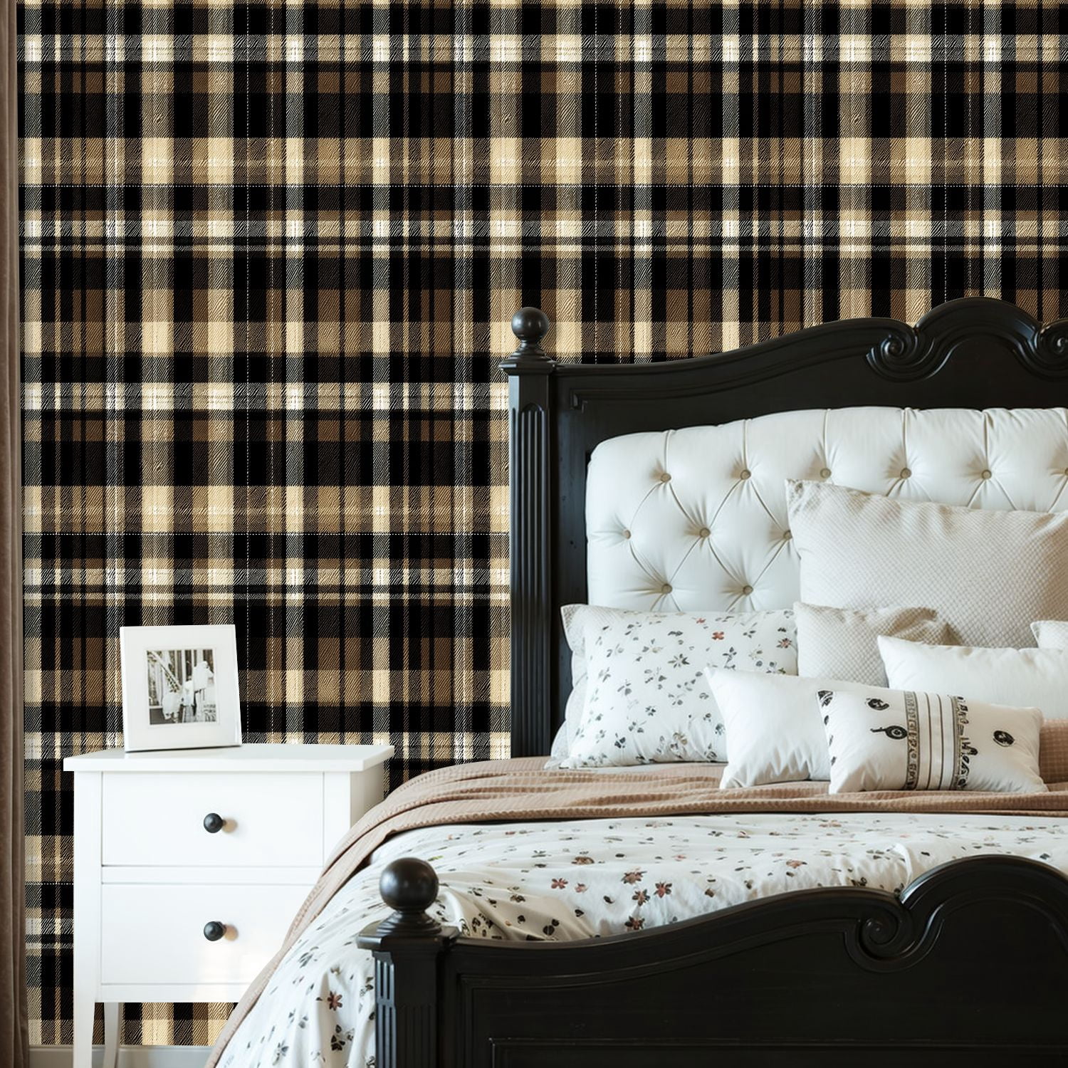 Peel and Stick Wallpaper Tartan plaid gold brown beige black Modern herringbone Wall Mural 23.6in x 9.8ft Self Adhesive Removable Wall Paper Renter Friendly Wallpaper for Bedroom Nursery