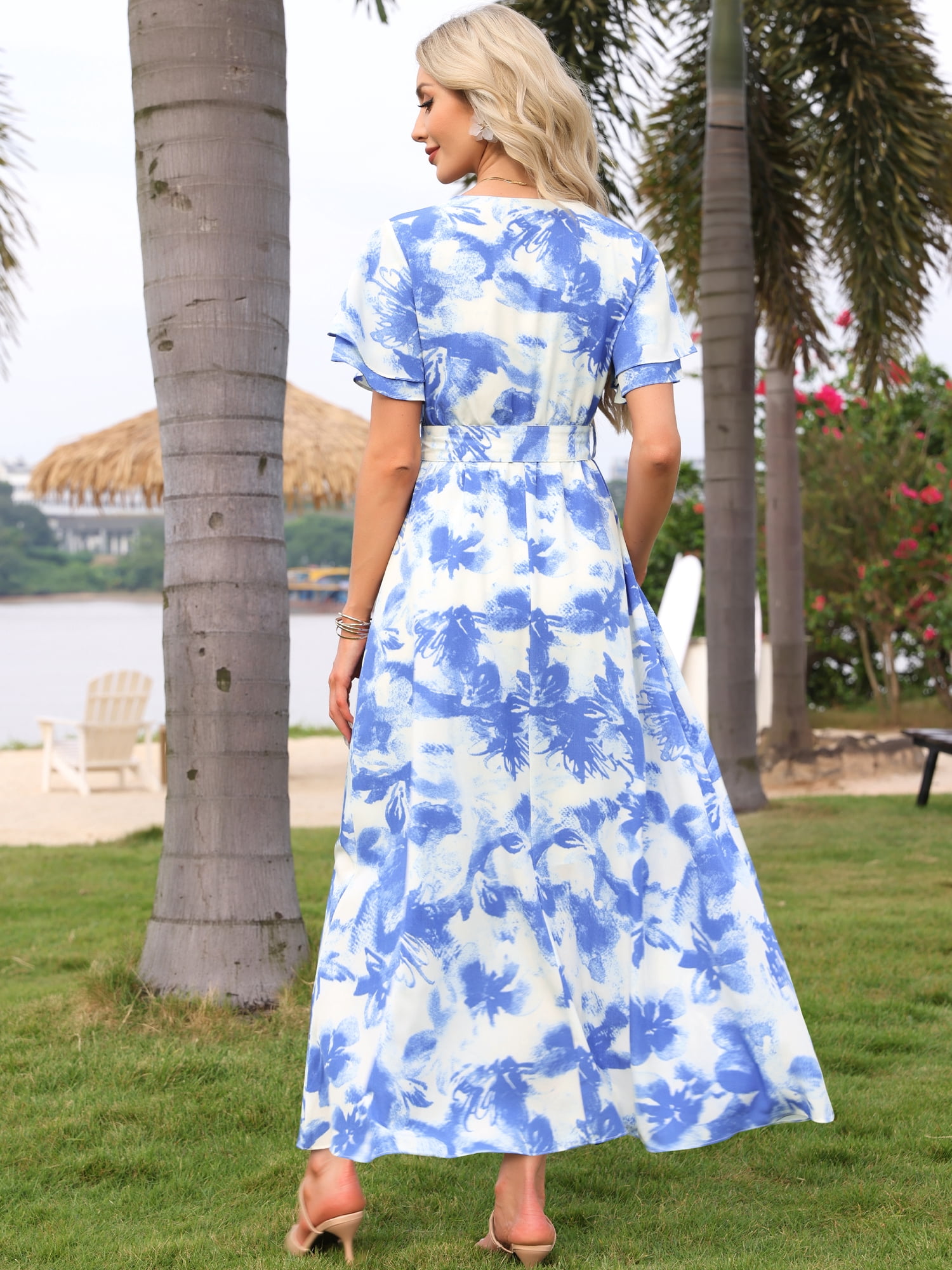 DARING DIVA Women's Floral Maxi Short Sleeve V Neck Boho Long Dresses S Blue