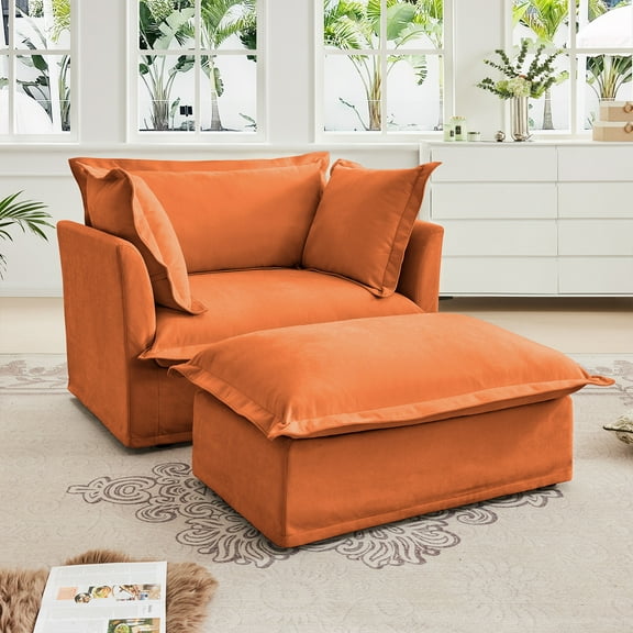 49"W Oversized Upholstered Chenille Accent Chair with Ottoman, 37" Wide Deep Seat Armchair with Removable Washable Covers for Living Room or Bedroom,Orange