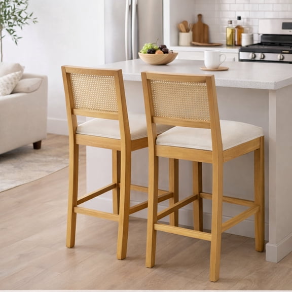 GOMYHOME Rattan Counter Height Bar Stools Set of 2, Wood Frame Kitchen Island Chairs with Upholstered Seat, 24” Seat Height