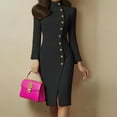 thumbnail image 3 of Women's Dress Long Sleeve Stand Collar Solid Color Fitted Metal Button Side Slit Elegant Dress for Office Spring Fall,Black,L, 3 of 4
