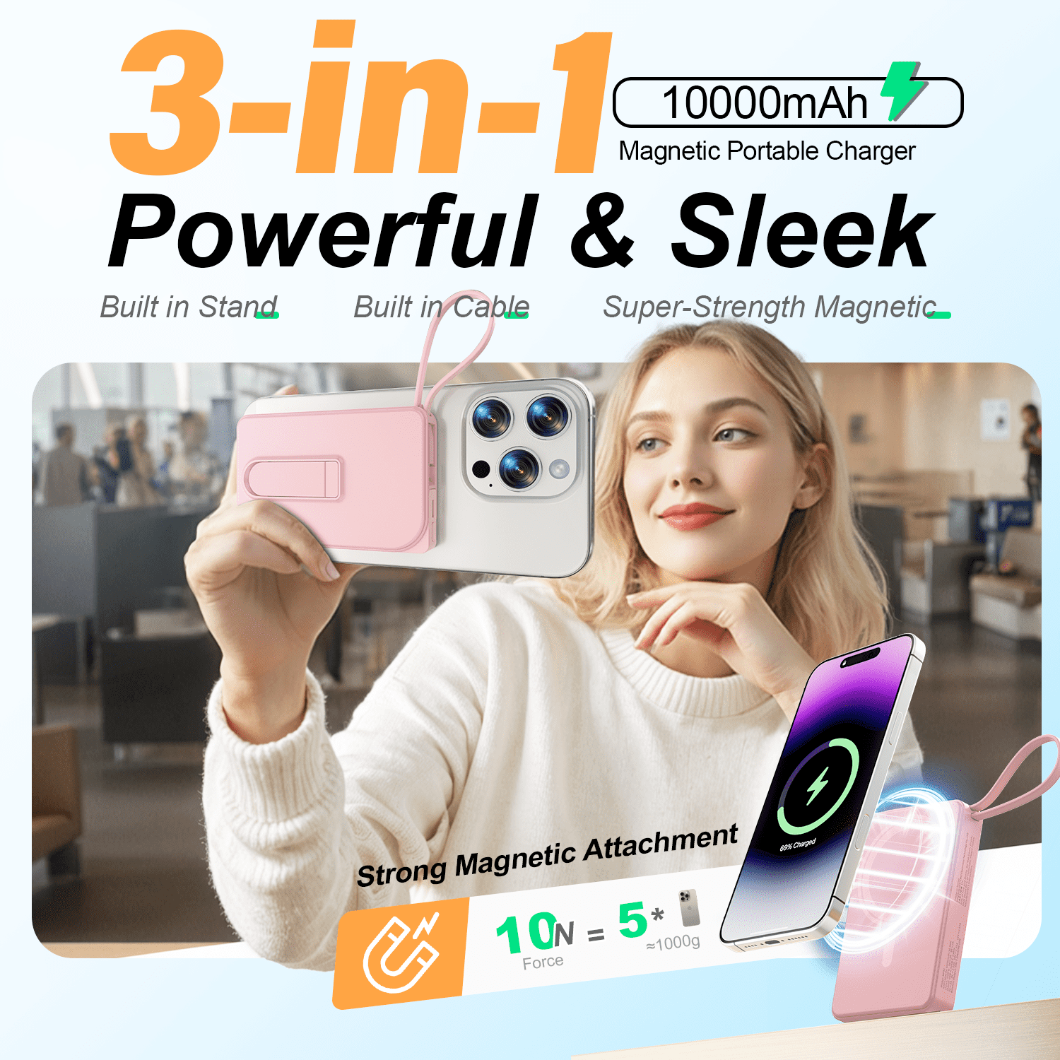 Magnetic Wireless Portable Charger, 10000mAh Power Bank 22.5W Fast Charging Battery Pack Compatible with iPhone 17/16/15/14/13 Series, Pink