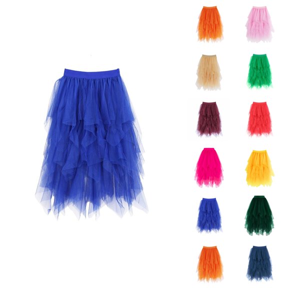 Tulle Skirts for Women Mid Length Elastic Waist Flowy A Line Asymmetrical Puffy Skirt Fairy Skirt Layered Mesh Dance Skirts