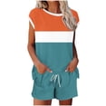 thumbnail image 2 of gbyLJF Two Piece Sets for Women Color Block Short Sleeve Shorts Set with Pockets Summer Matching Sets, 2 of 6