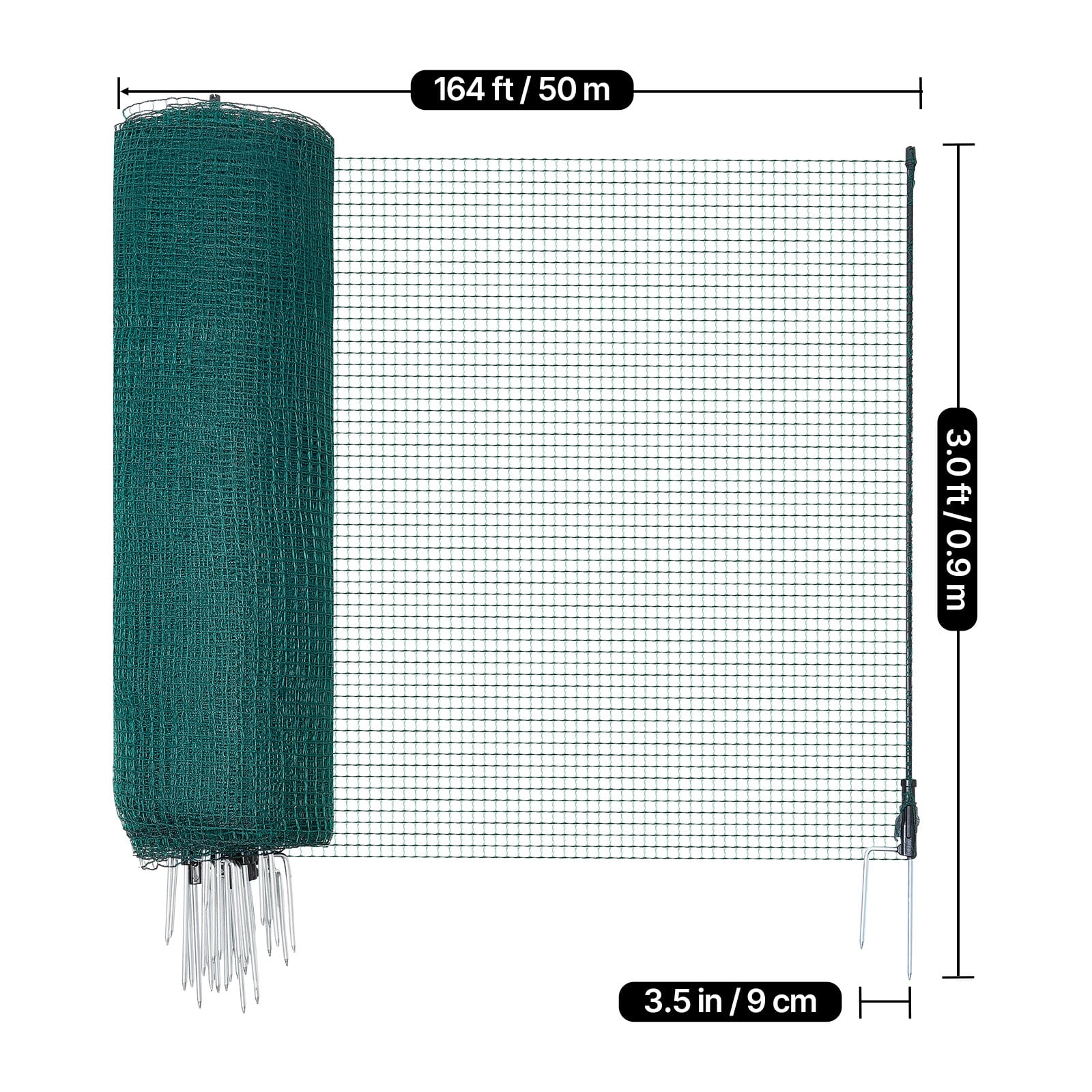 KFFKFF Temporary Fence with Posts, 3 x 164 FT Plastic Mesh Fencing, Garden Safety Netting with Double-Spike Stakes & Guy Ropes, Portable Barrier for Pets, Poultry, Plants, and Outdoor Spaces