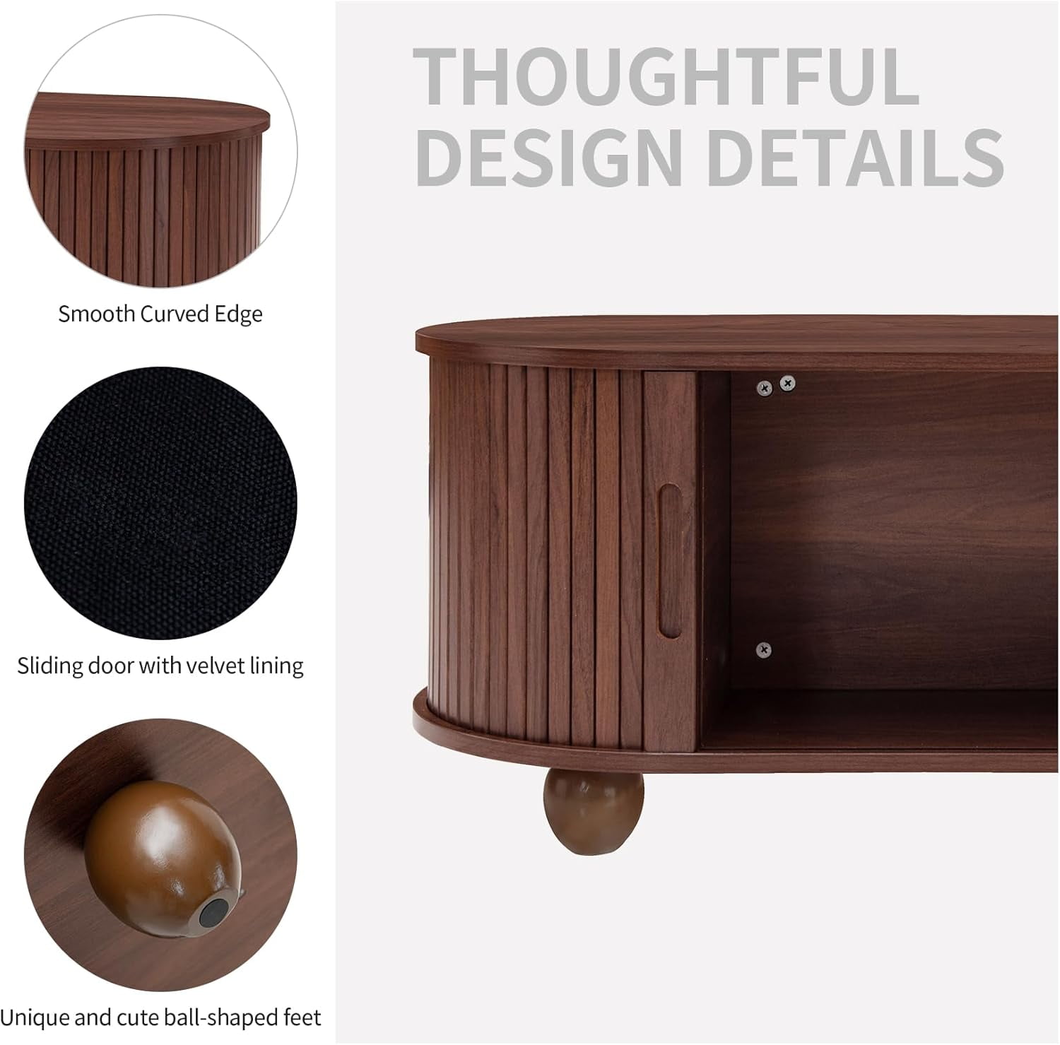 LFGUIZO 39.98” Oval Coffee Table with Hidden Storage, Mid-Century Modern Fluted Wood Coffee Table with 360° Sliding Doors, Solid Wood Legs, Walnut Center Table for Living Room