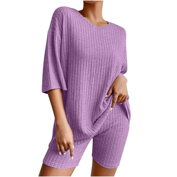 Spring Outfits for Women 2022 Plus Size Summer Outfits Clothing Set Female Round Neck Short Sleeve Tops Pants Sets Casual Pant Style S_552 Women's Tracksuits Purple L