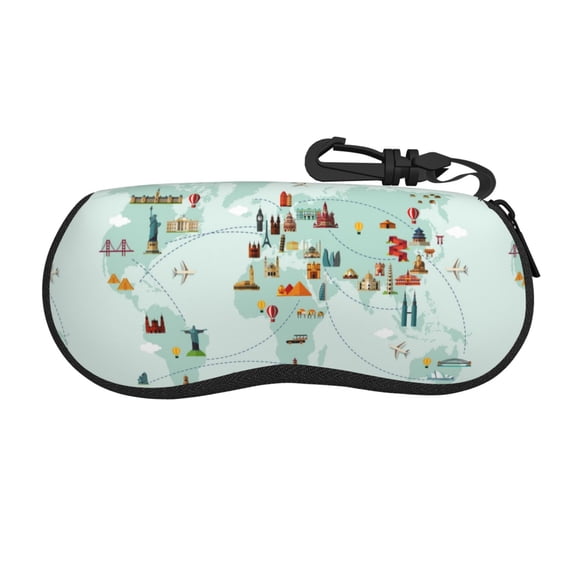 Cauagu World Travel Map Pattern Unisex Glasses Case,Zipper Protective Fabric Sunglass Case with Clip Soft Case Horizontal Protective Pouch for Sunglasses Eyewear