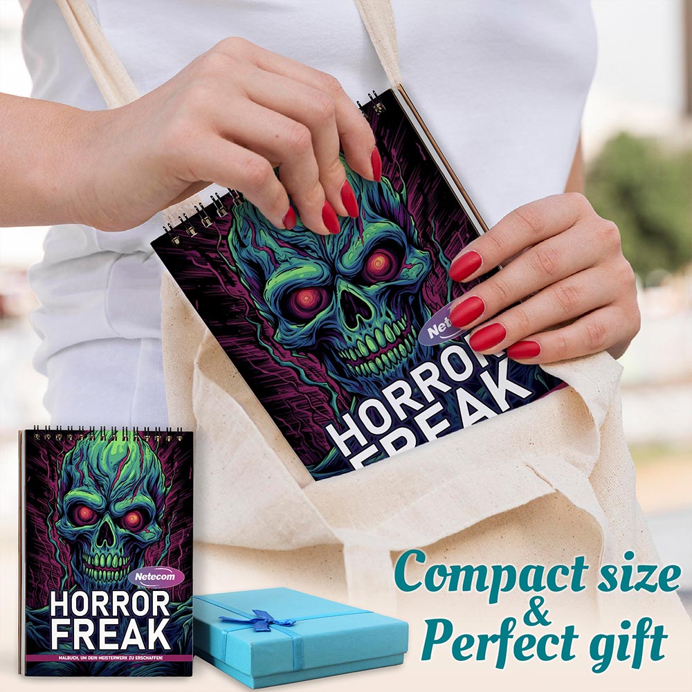 Netecom Horror Freak Coloring Book Spiral Bound For Adults, A5 Wooden Cover, 30 Macabre Coloring Pages of Haunted Scenes for Stress Relief and Relaxation