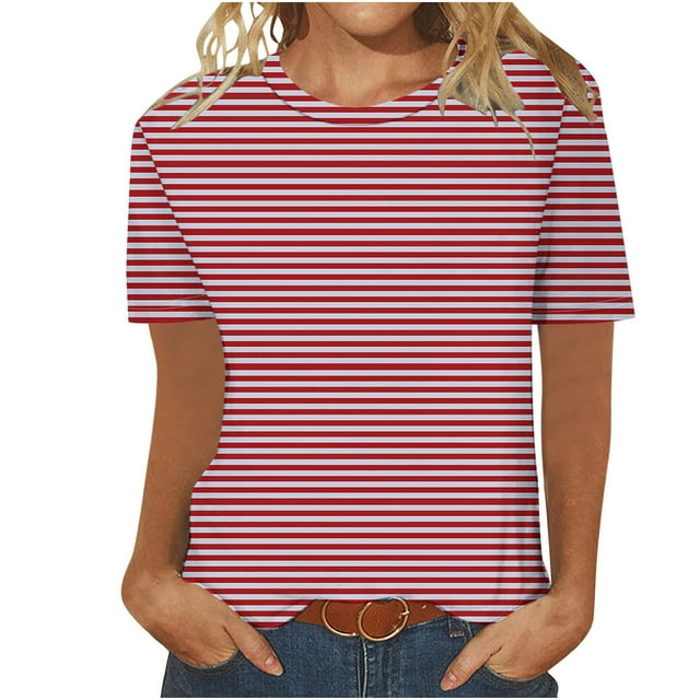 Swstbby Soldes d'Été! Hauts d'Été pour Femmes Grande Taille, T-Shirt Imprimé Mode Décontractée pour Femmes Col Rond Manches Courtes Rouge TG
